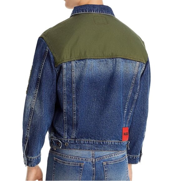 Hugo Boss Men's HUGO Mixed Media Denim Trucker Pocket Jacket Relaxed Fit Navy XL - Picture 2 of 6
